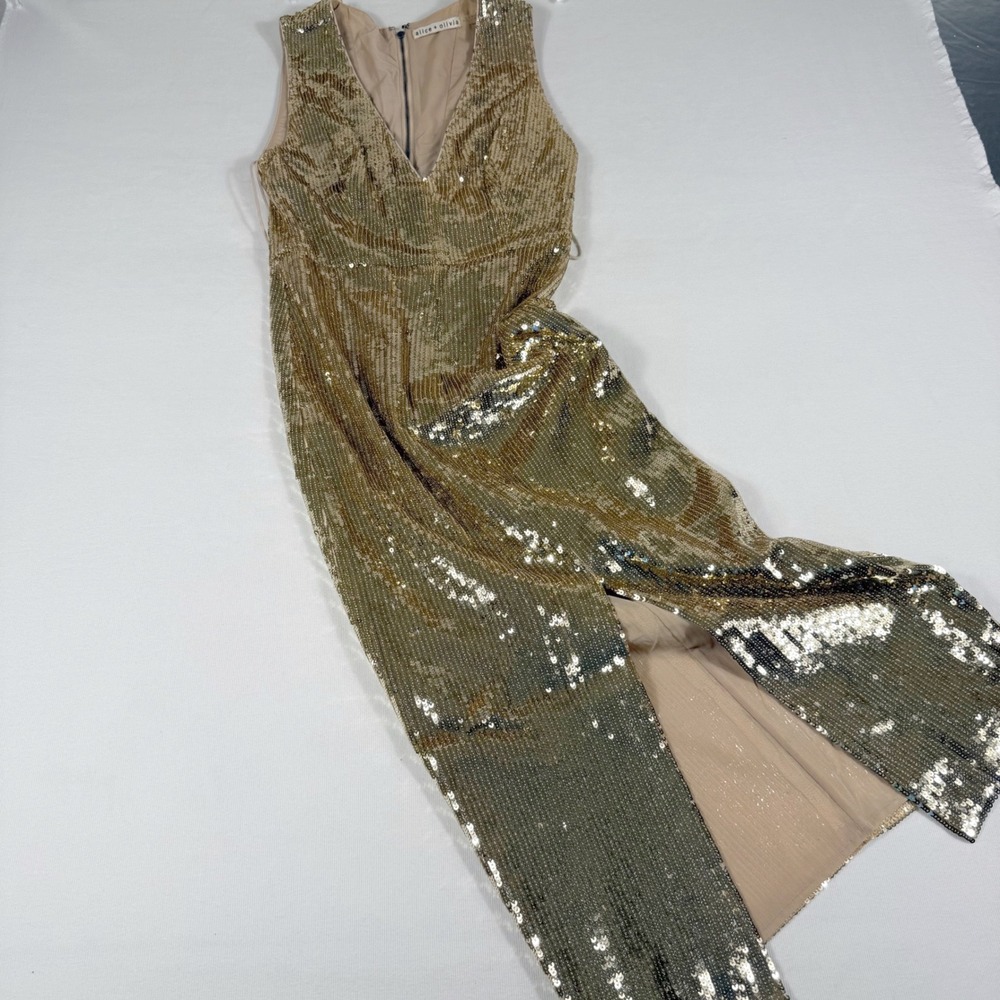Alice + Olivia Sequin Maxi Dress Gold V-Neck Slit Gala Sparkle Glam Statement - Picture 13 of 16